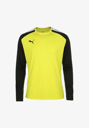 Langdurige sportshirt met lange mouwen, gekenmerkt door een felgele romp, zwarte mouwen en een zwart logo op de borst. Gemaakt van lichtgewicht, ademend materiaal.