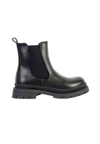 Bota Chelsea de cuero negro con paneles laterales elásticos, suela de goma gruesa y una lengüeta en la parte posterior. Textura suave con un acabado pulido.