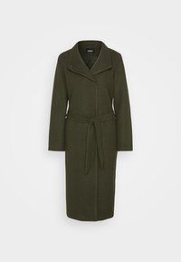 Olive green wool coat with a belted waist, shawl collar, long sleeves, and a straight silhouette. Features a minimalistic design.