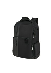 Zaino nero con più scomparti, un manico resistente, spallacci regolabili e chiusure con zip. Texture liscia e design elegante.