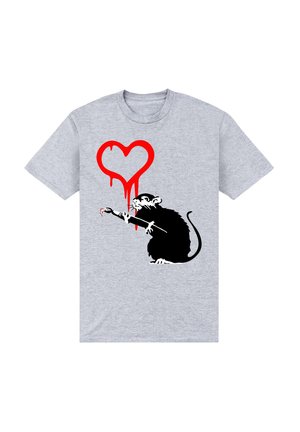 T-shirt grigia in cotone con un ratto nero che tiene un pennello, con un cuore rosso che gocciola sopra di esso.