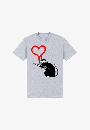 T-shirt grigia in cotone con un ratto nero che tiene un pennello, con un cuore rosso che gocciola sopra di esso.