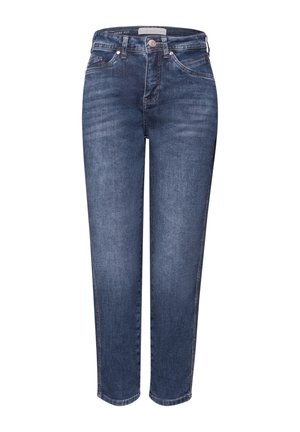 Donkerblauwe jeans met hoge taille en rechte pijpen, voorzien van voorzakken, riemlussen en een knoopsluiting.