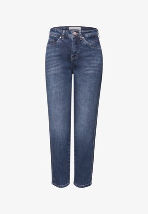 Donkerblauwe jeans met hoge taille en rechte pijpen, voorzien van voorzakken, riemlussen en een knoopsluiting.