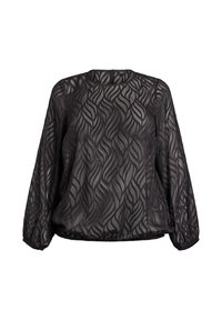 Schwarze durchsichtige Bluse mit wellenförmiger Steppnaht, langen Ärmeln mit elastischen Bündchen und Rundhalsausschnitt. Leichter Stoff.