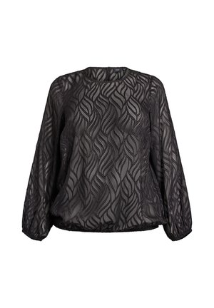 Juoda permatoma palaidinė su bangų raštu siūlėse, ilgomis rankovėmis su elastinėmis apykaklėmis ir apvaliu iškirpimu. Lengva medžiaga.