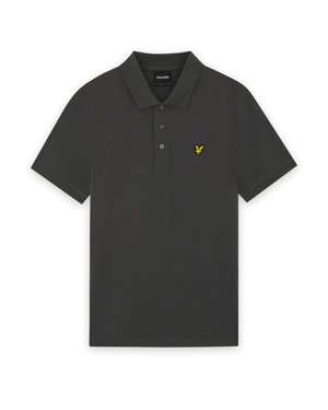 Polo de culoare gri închis, din bumbac, cu o deschidere cu trei butoane, mâneci scurte și un mic logo brodat galben pe piept.