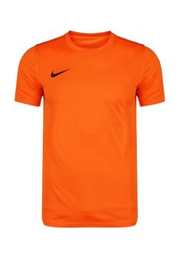 T-shirt de sport Nike orange, à manches courtes, col rond, texture lisse, avec un logo noir sur la poitrine gauche.