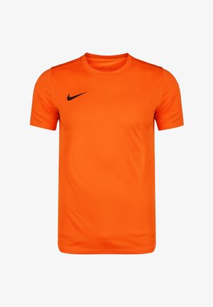 T-shirt de sport Nike orange, à manches courtes, col rond, texture lisse, avec un logo noir sur la poitrine gauche.