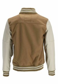 Brun ull-blandad jacka med beige lädersleeves. Har en ribbad krage och manschetter med vita ränder. Baksidan visar en ren, minimal design.