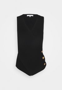Haut portefeuille noir sans manches avec col en V et trois boutons dorés sur le côté, plié à plat sur un fond blanc.