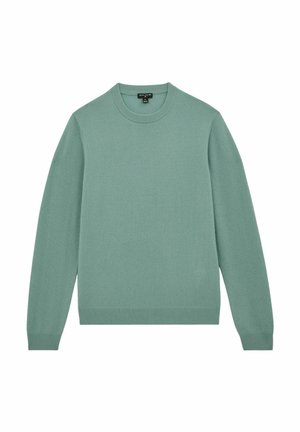 Pull vert clair en matériau doux ; présente un col rond, des manches longues et des poignets et un ourlet côtelés. Aucun motif ou accent présent.
