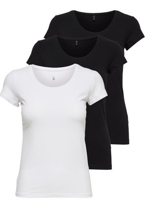 Drei kurzärmelige T-Shirts: eines weiß und zwei schwarz. Aus weichem Baumwollmaterial, mit Rundhalsausschnitt und taillierte Passform.