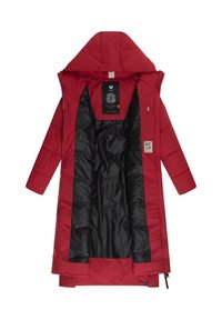 Red padded coat with a hood, featuring a full zipper, black interior lining, and side pockets. Accented with logo tags and stitching details.