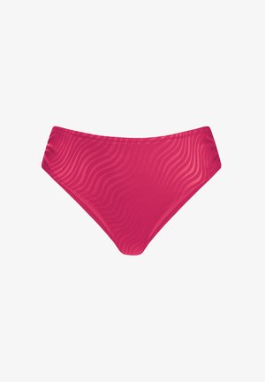 Różowy dół kostiumu kąpielowego z falistym wzorem, gładkim wykończeniem, średnim stanem oraz elastycznym pasem dla komfortu i dopasowania.