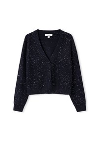 Cardigan corto nero in maglia, con maniche lunghe, scollo a V, chiusura con bottoni e piccolo motivo a pois bianchi su tutto il tessuto.