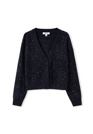 Zwarte geknipte gebreide cardigan met lange mouwen, V-hals, knoopsluiting en een klein wit gesprenkeld patroon overal.