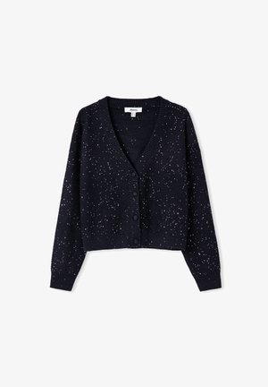 Cardigan corto nero in maglia, con maniche lunghe, scollo a V, chiusura con bottoni e piccolo motivo a pois bianchi su tutto il tessuto.