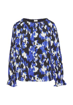 Florale Bluse in Blau, Schwarz und Weiß. Verfügt über lange Ärmel mit gerafften Bündchen und einen runden Halsausschnitt. Das Material hat eine glatte Textur.