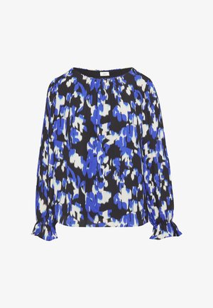 Florale Bluse in Blau, Schwarz und Weiß. Verfügt über lange Ärmel mit gerafften Bündchen und einen runden Halsausschnitt. Das Material hat eine glatte Textur.