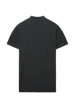 T-shirt nero a maniche corte realizzata in tessuto liscio. Presenta una scollatura rotonda e cuciture pulite. Vista posteriore che mostra un design semplice e minimale.