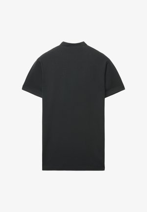 T-shirt nero a maniche corte realizzata in tessuto liscio. Presenta una scollatura rotonda e cuciture pulite. Vista posteriore che mostra un design semplice e minimale.