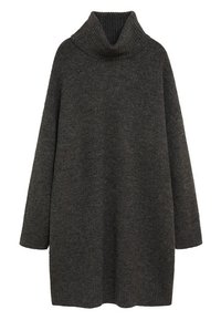 Pull en tricot oversize gris foncé à col roulé, doté d'un col côtelé et de longues manches larges.