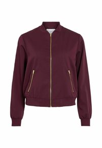 Bordo bomber bunda so zlatým zipsom a dvoma zipsovými prednými vreckami, rebrované manžety a spodný lem, a malý stojatý golier.