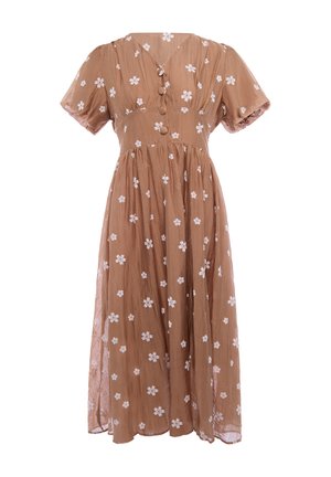 Braunes Midikleid mit kurzen Puffärmeln, Knopfleiste vorne und weißem Blumenmuster, das über den Stoff verteilt ist.