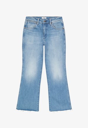 Light blue denim wide-leg jeans with frayed hems, front button and zipper, and five-pocket design by Wrangler.