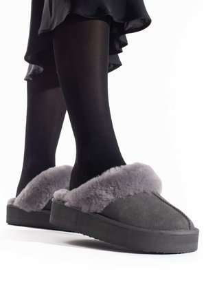 Gray suede slippers with a plush gray fur cuff, featuring a thick, textured black sole. Design highlights include a stitched toe line.