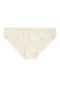 Beige panties met kantafwerking, vervaardigd uit een gladde stof, met gegolfde randen en een klein strikdetail aan de voorkant.