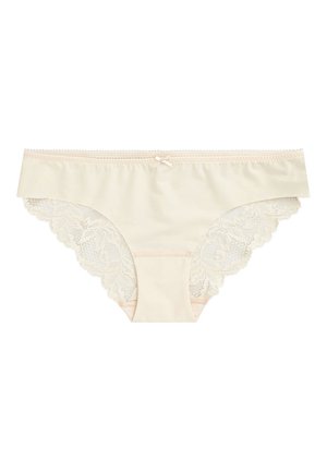 Beige panties met kantafwerking, vervaardigd uit een gladde stof, met gegolfde randen en een klein strikdetail aan de voorkant.