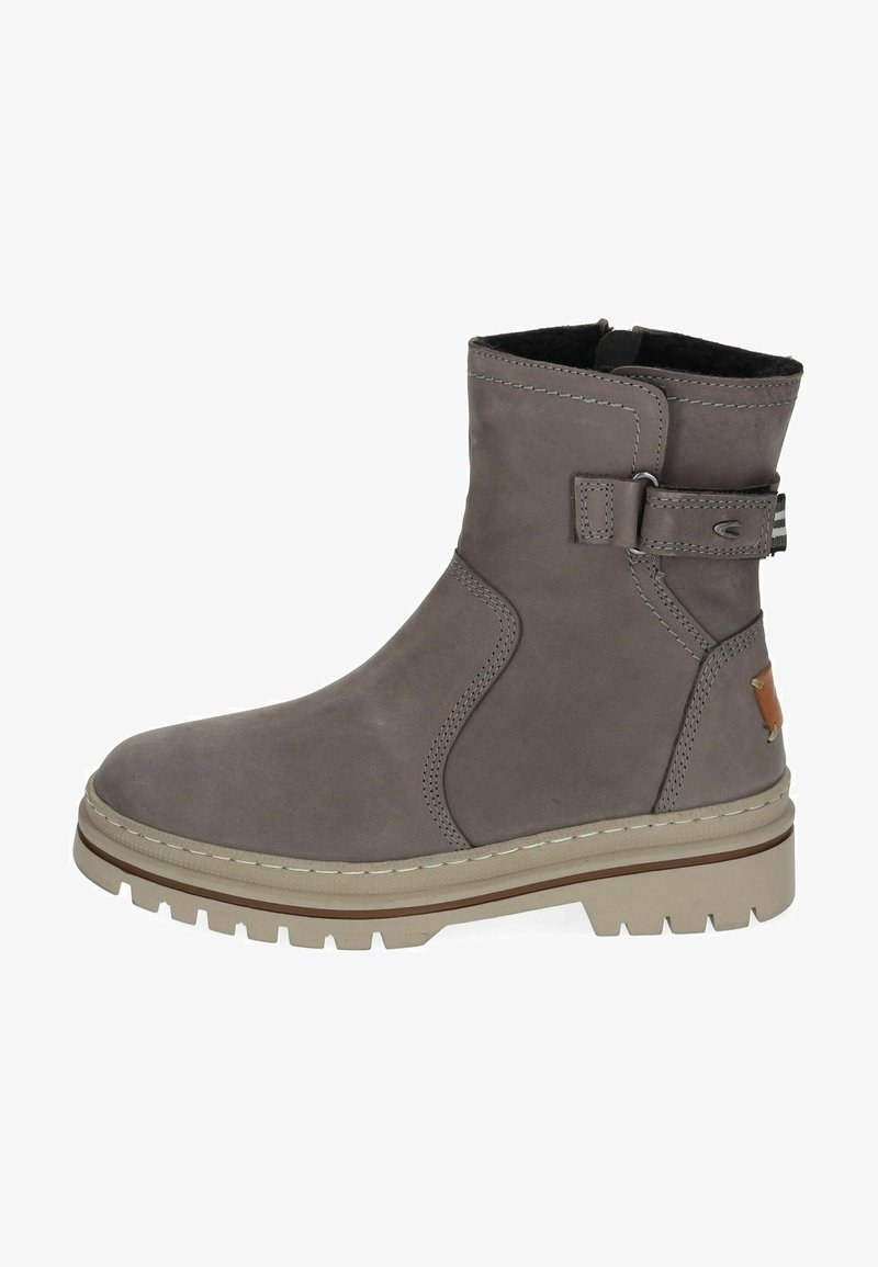 Gray ankle boot with a smooth leather upper, contrasting stitching, side strap detail, and a chunky rubber sole with tread pattern.