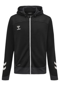 Felpa nera con zip, caratterizzata da un design testurizzato, accenti grigi a contrasto e un motivo a pois nella parte superiore. Presenta un cappuccio con lacci.