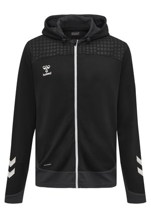 Zwarte zip-up hoodie met een textuurdesign, contrasterende grijze accenten en een gestippeld patroon op het bovenste deel. Voorzien van een trekkoordkap.
