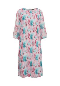 Blumenkleid aus leichtem Stoff mit einem gefalteten Design. Die Farben umfassen Pink, Türkis und Weiß, mit einem runden Halsausschnitt und drei Viertelärmeln.
