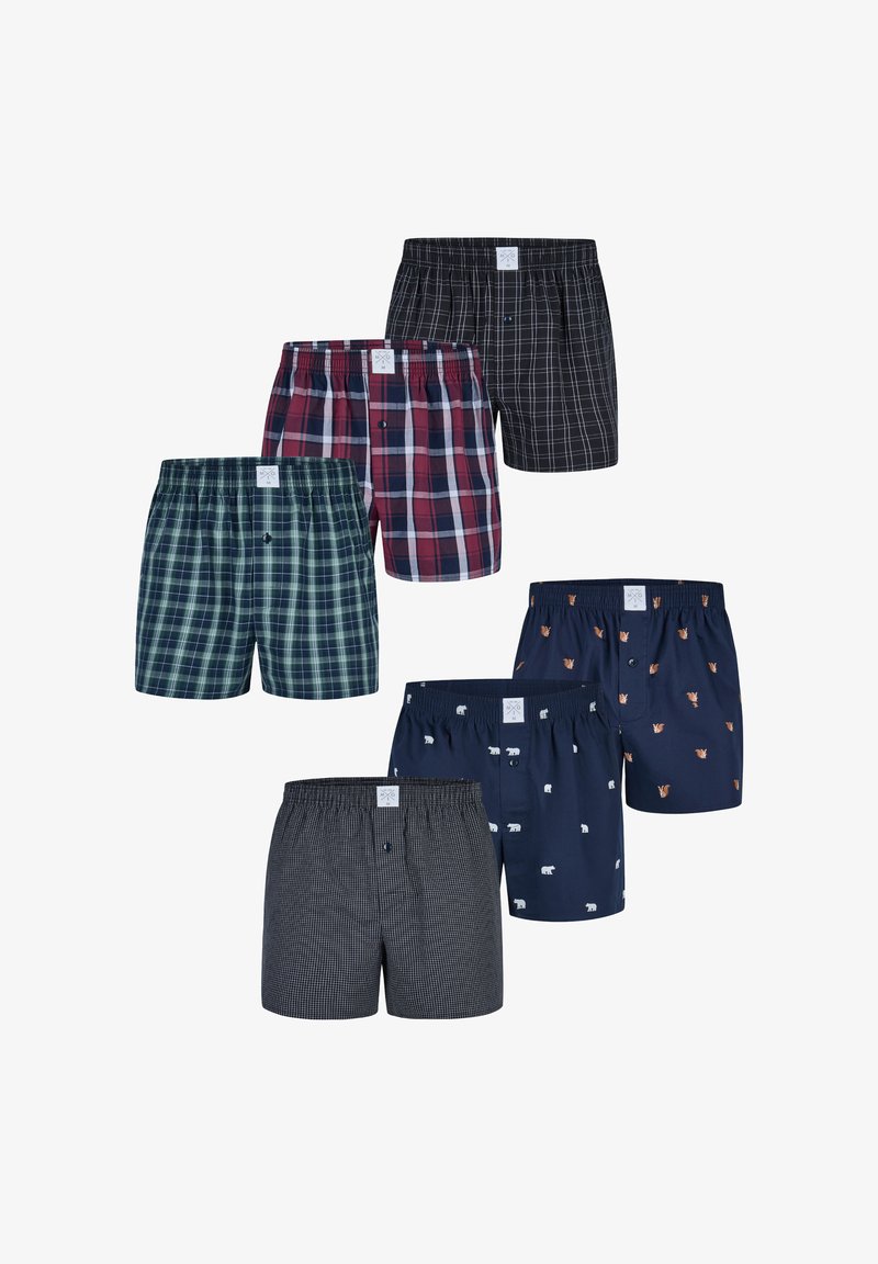 Šest párů boxerky v různých designech: kostkované, čtverečkové a potištěné vzory. Barvy zahrnují námořnickou, zelenou a burgundskou.