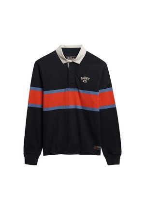 Polo de manga larga navy con cuello color crema, con rayas horizontales rojas y azules y un logo en el pecho. Material de algodón.