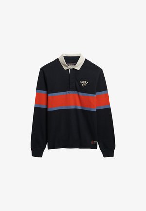 Marineblauwe polo met lange mouwen en een crèmekleurige kraag, voorzien van rode en blauwe horizontale strepen en een logo op de borst. Gemaakt van katoen.