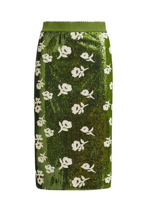 Gonna a maglia verde fino al ginocchio con fantasia floreale bianca e fascia in vita a coste.