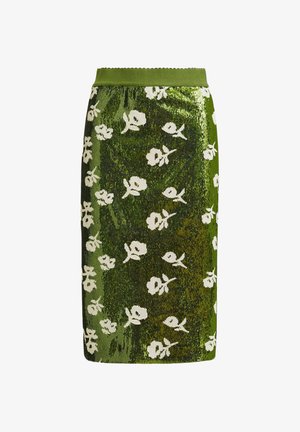 Gonna a maglia verde fino al ginocchio con fantasia floreale bianca e fascia in vita a coste.