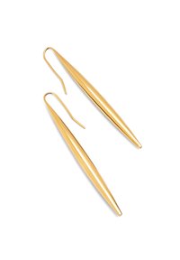 Pendientes de metal dorado con un diseño alargado y cónico. Textura suave, extremos afilados y gancho francés para un uso seguro.