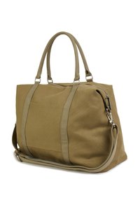 Sac fourre-tout en toile kaki avec deux poignées supérieures, une bandoulière, une poche avant zippée et des coutures renforcées, présentant une texture lisse.