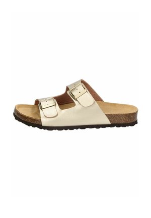 Beige open-toe sandal with two adjustable buckle straps, cork footbed, and black textured sole, shown from the outer side.
