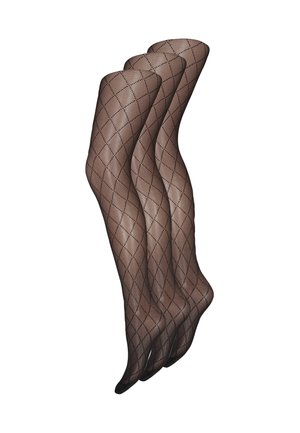 Tre par sorte mønstrede netstrømper vist på benformede mannequin mod en hvid baggrund.