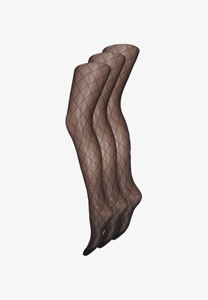 Three pairs of black patterned fishnet stockings displayed on leg-shaped mannequins against a white background.