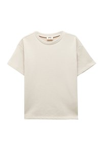Lys beige T-shirt med korte ærmer, rund halsudskæring, blød tekstur og minimalistisk design. Ideel til hverdagstøj.