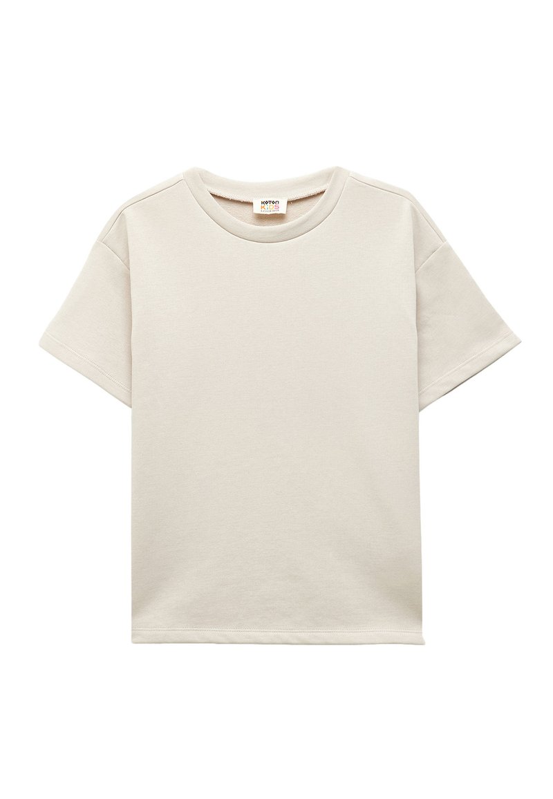 Lys beige T-shirt med korte ærmer, rund halsudskæring, blød tekstur og minimalistisk design. Ideel til hverdagstøj.