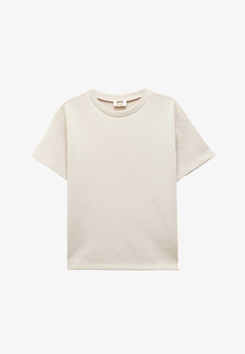 Lys beige T-shirt med korte ærmer, rund halsudskæring, blød tekstur og minimalistisk design. Ideel til hverdagstøj.
